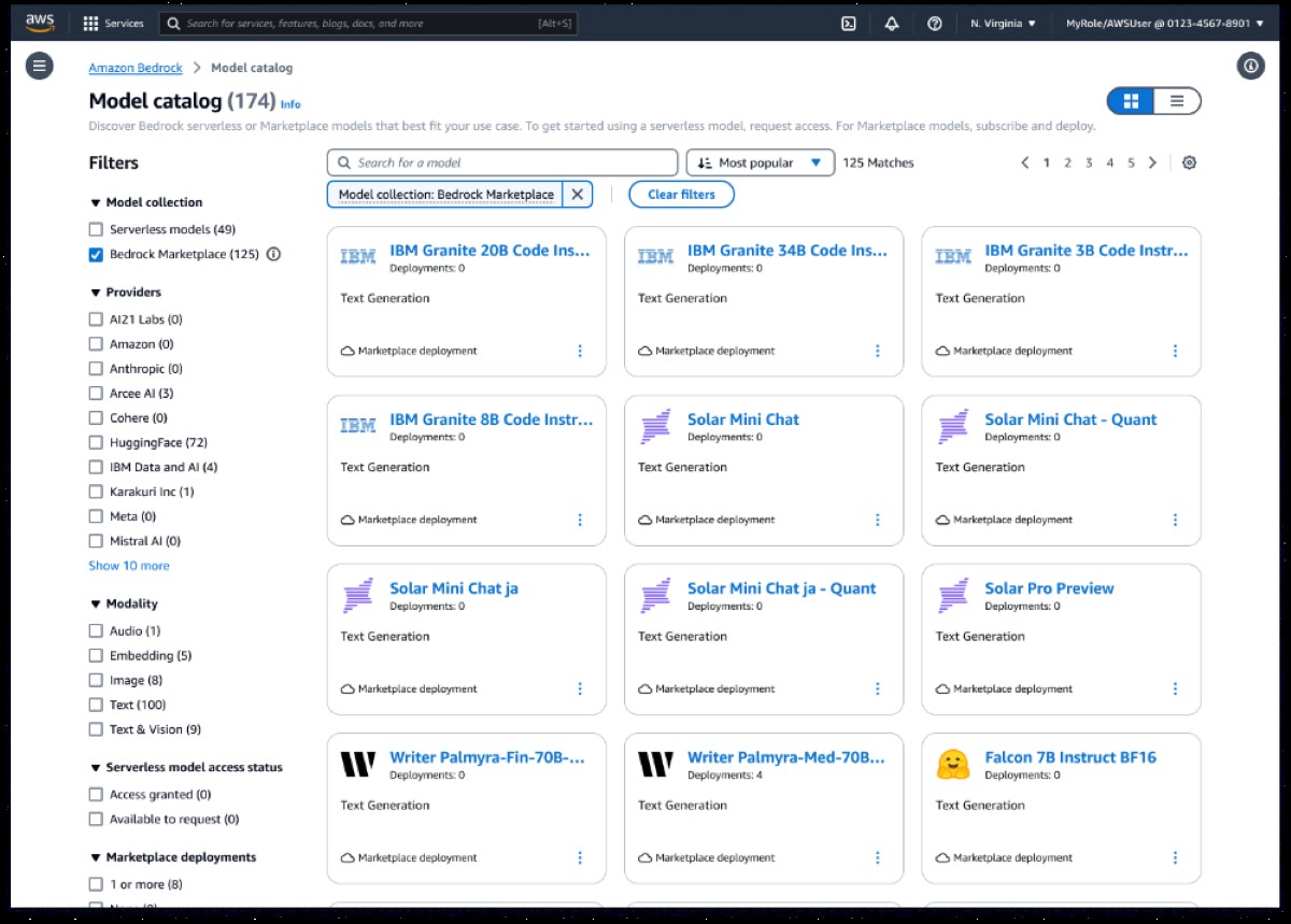 Catálogo de modelos do amazon bedrock marketplace na consola do amazon bedrock